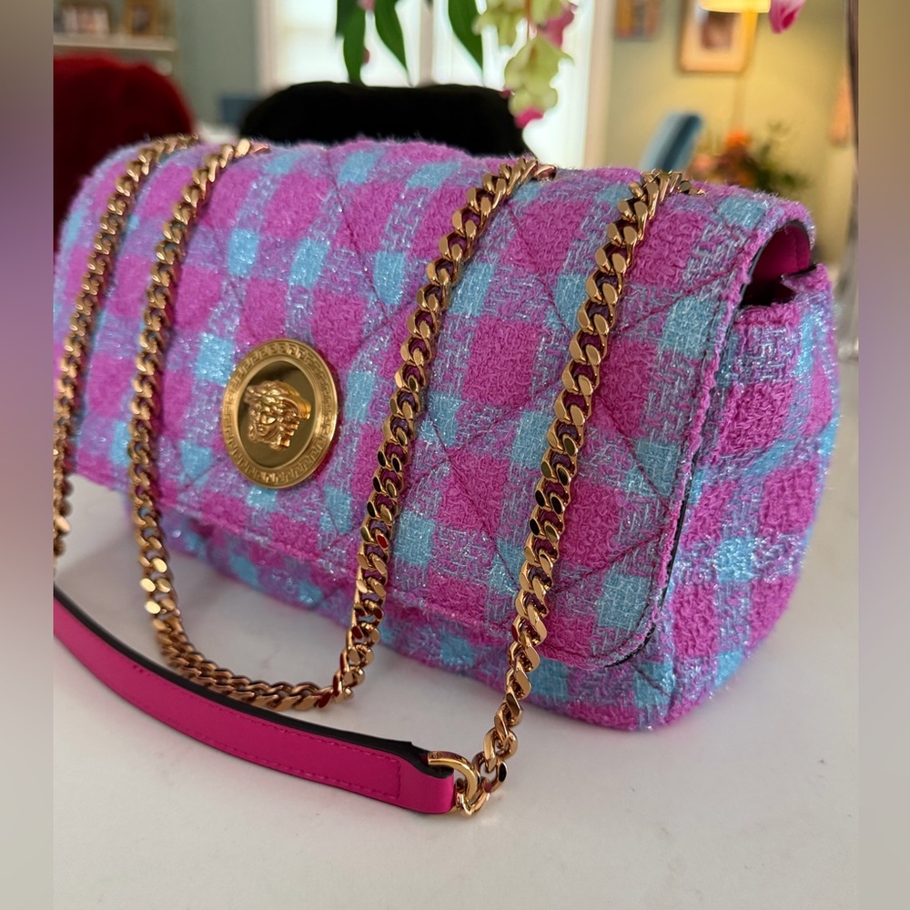 Versace La Medusa Gold Logo Medallion Boucle Tweed Quilted Flap Shoulder Bag NWT - Picture 15 of 16